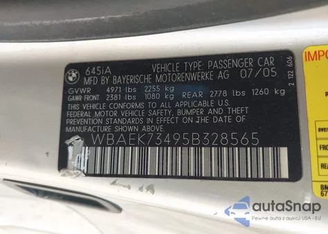 2005 BMW 645Ci from USA, damaged, VIN WBAEK73495B328565